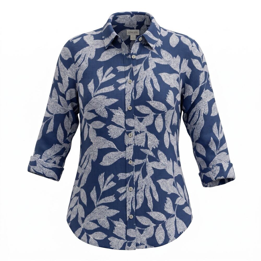 Chico’s Blue White Floral Linen Button Front Blouse Women’s Size 0 US 4